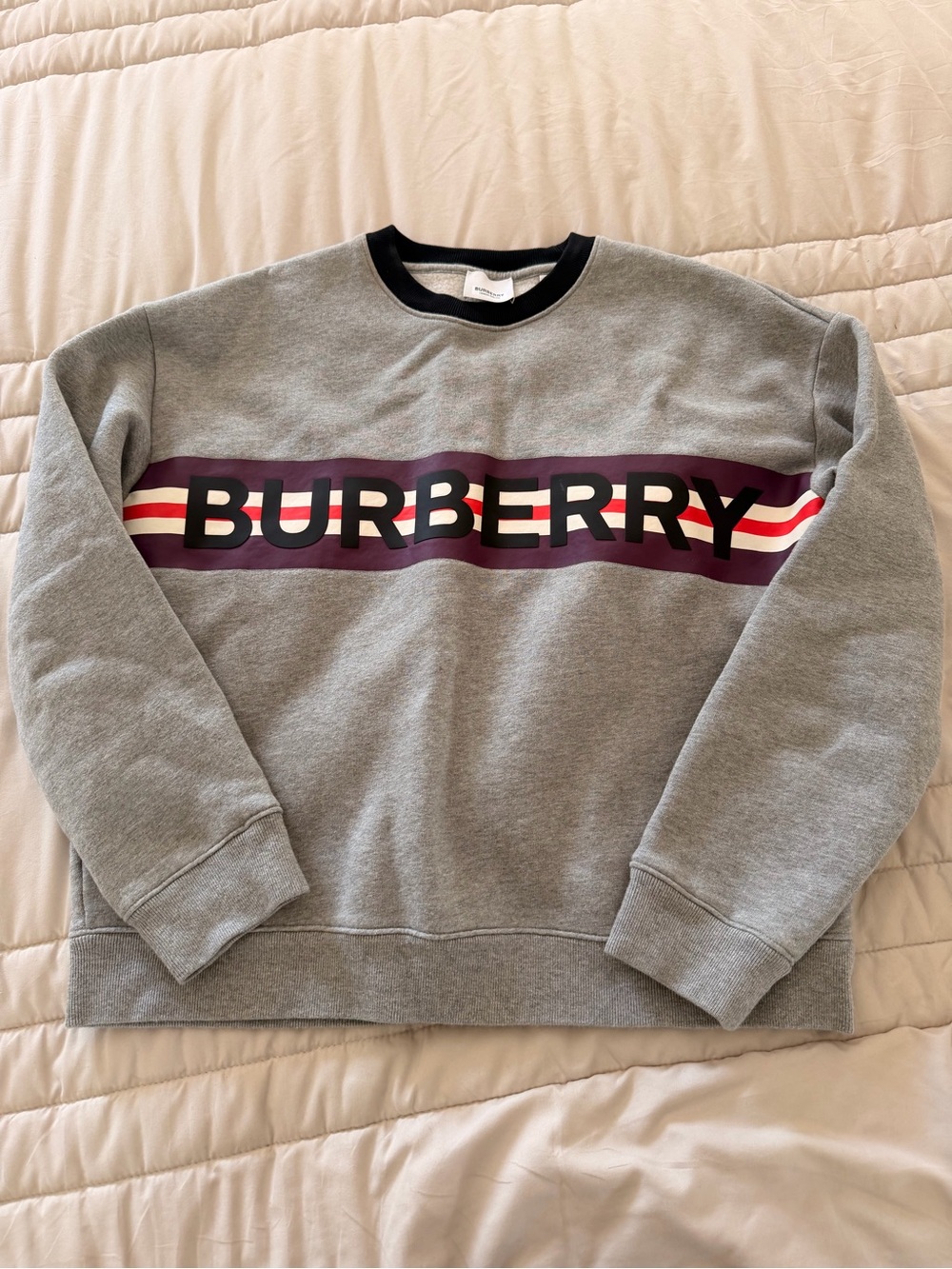 Burberry Grey Crewneck with Burgundy and Black Logo Stripe